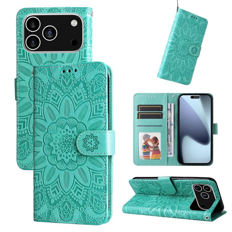 Embossed Sunflower Leather Phone Case – Wear-resistant, Card Slot, Kickstand, For iPhone 17e / 16e, For iPhone 17 Pro Max, For iPhone 17 Pro, For iPhone 17 For iPhone 18 Pro 17 Pro Green