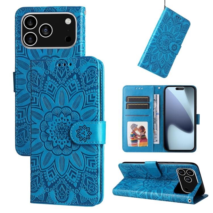 Embossed Sunflower Leather Phone Case – Wear-resistant, Card Slot, Kickstand, For iPhone 17e / 16e, For iPhone 17 Pro Max, For iPhone 17 Pro, For iPhone 17 For iPhone 18 Pro 17 Pro Blue
