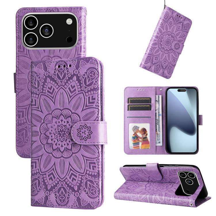 Embossed Sunflower Leather Phone Case – Wear-resistant, Card Slot, Kickstand, For iPhone 17e / 16e, For iPhone 17 Pro Max, For iPhone 17 Pro, For iPhone 17 For iPhone 18 Pro 17 Pro Purple