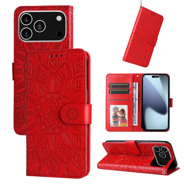 Embossed Sunflower Leather Phone Case – Wear-resistant, Card Slot, Kickstand, For iPhone 17e / 16e, For iPhone 17 Pro Max, For iPhone 17 Pro, For iPhone 17 For iPhone 18 Pro 17 Pro Red