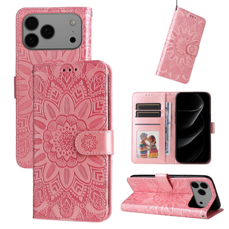 Embossed Sunflower Leather Phone Case – Wear-resistant, Card Slot, Kickstand, For iPhone 17e / 16e, For iPhone 17 Pro Max, For iPhone 17 Pro, For iPhone 17 For iPhone 18 Pro Max 17 Pro Max Pink