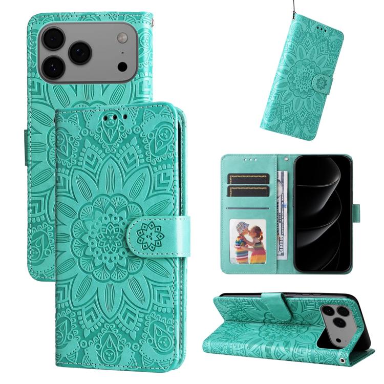 Embossed Sunflower Leather Phone Case – Wear-resistant, Card Slot, Kickstand, For iPhone 17e / 16e, For iPhone 17 Pro Max, For iPhone 17 Pro, For iPhone 17 For iPhone 18 Pro Max 17 Pro Max Green