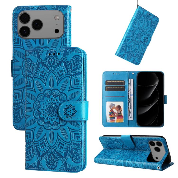 Embossed Sunflower Leather Phone Case – Wear-resistant, Card Slot, Kickstand, For iPhone 17e / 16e, For iPhone 17 Pro Max, For iPhone 17 Pro, For iPhone 17 For iPhone 18 Pro Max 17 Pro Max Blue