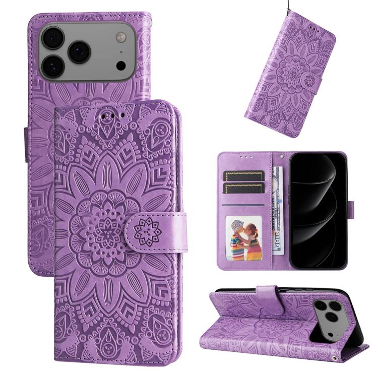 Embossed Sunflower Leather Phone Case – Wear-resistant, Card Slot, Kickstand, For iPhone 17e / 16e, For iPhone 17 Pro Max, For iPhone 17 Pro, For iPhone 17 For iPhone 18 Pro Max 17 Pro Max Purple