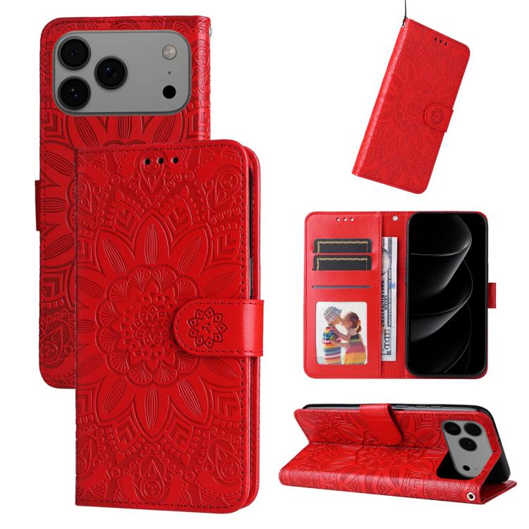 Embossed Sunflower Leather Phone Case – Wear-resistant, Card Slot, Kickstand, For iPhone 17e / 16e, For iPhone 17 Pro Max, For iPhone 17 Pro, For iPhone 17 For iPhone 18 Pro Max 17 Pro Max Red