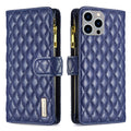 Diamond Lattice Zipper Wallet Leather Flip Phone Case, For iPhone 15 Pro Max, For iPhone 15 Pro, For iPhone 15 Plus, For iPhone 15 For iPhone 15 Pro Max Blue