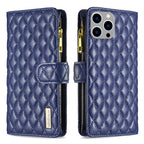 Diamond Lattice Zipper Wallet Leather Flip Phone Case, For iPhone 15 Pro Max, For iPhone 15 Pro, For iPhone 15 Plus, For iPhone 15 For iPhone 15 Pro Max Blue