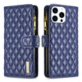 Diamond Lattice Zipper Wallet Leather Flip Phone Case, For iPhone 16 Pro Max, For iPhone 16 Pro, For iPhone 16 Plus, For iPhone 16 For iPhone 16 Pro Max Blue