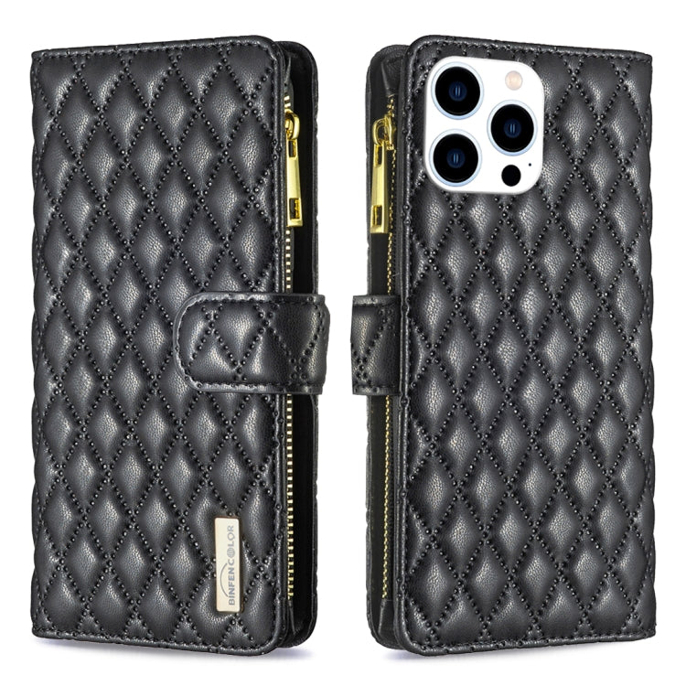 Diamond Lattice Zipper Wallet Leather Flip Phone Case – Wear-resistant, Card Slot, Flip, For iPhone 16 Pro Max, For iPhone 16 Pro, For iPhone 16 Plus, For iPhone 16 For iPhone 16 Pro Max Black