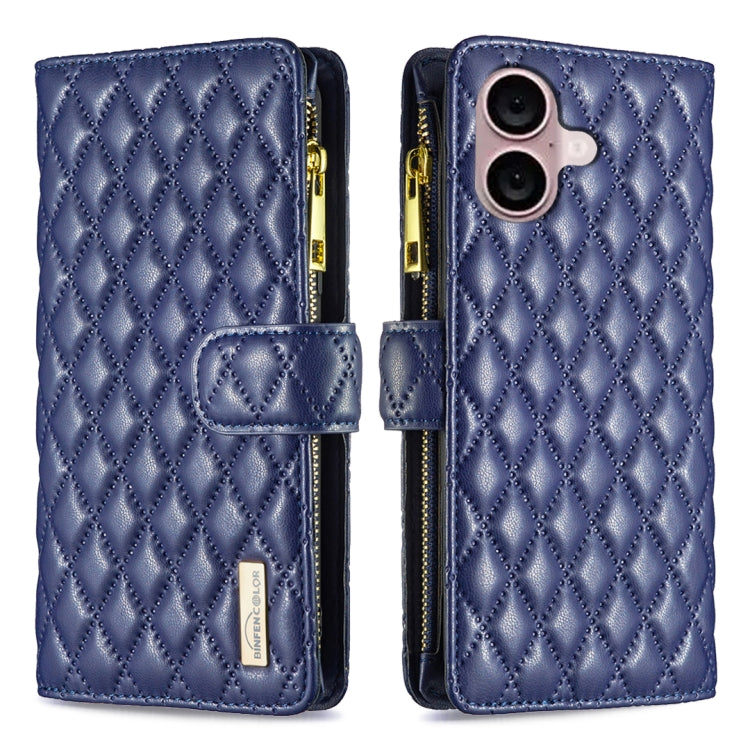 Diamond Lattice Zipper Wallet Leather Flip Phone Case – Wear-resistant, Card Slot, Flip, For iPhone 16 Pro Max, For iPhone 16 Pro, For iPhone 16 Plus, For iPhone 16 For iPhone 16 Blue