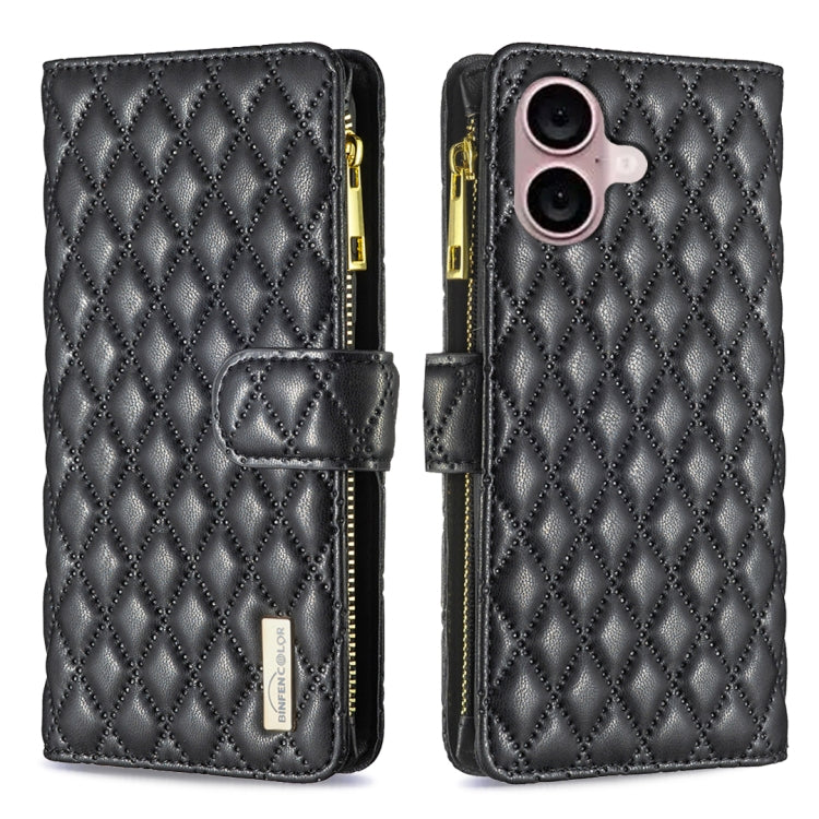 Diamond Lattice Zipper Wallet Leather Flip Phone Case – Wear-resistant, Card Slot, Flip, For iPhone 16 Pro Max, For iPhone 16 Pro, For iPhone 16 Plus, For iPhone 16 For iPhone 16 Black
