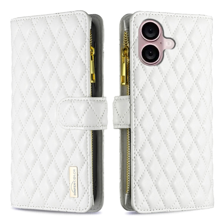 Diamond Lattice Zipper Wallet Leather Flip Phone Case – Wear-resistant, Card Slot, Flip, For iPhone 16 Pro Max, For iPhone 16 Pro, For iPhone 16 Plus, For iPhone 16 For iPhone 16 Plus White