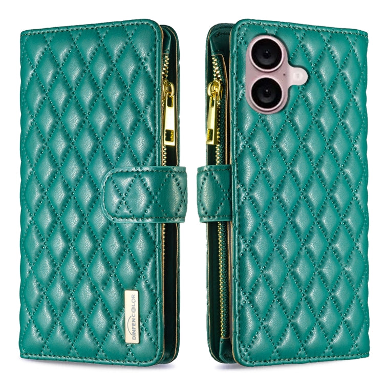 Diamond Lattice Zipper Wallet Leather Flip Phone Case – Wear-resistant, Card Slot, Flip, For iPhone 16 Pro Max, For iPhone 16 Pro, For iPhone 16 Plus, For iPhone 16 For iPhone 16 Plus Green