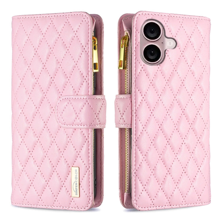 Diamond Lattice Zipper Wallet Leather Flip Phone Case – Wear-resistant, Card Slot, Flip, For iPhone 16 Pro Max, For iPhone 16 Pro, For iPhone 16 Plus, For iPhone 16 For iPhone 16 Plus Pink