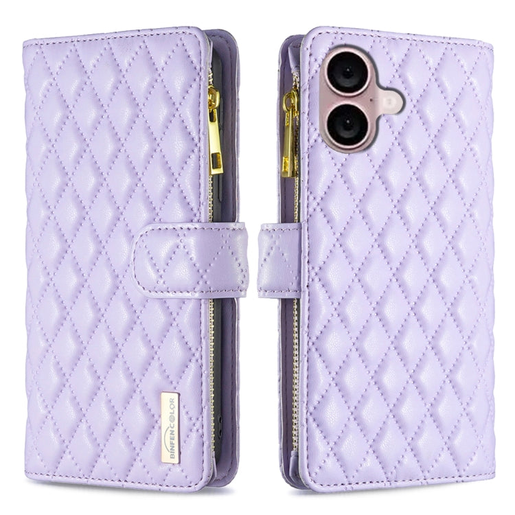 Diamond Lattice Zipper Wallet Leather Flip Phone Case – Wear-resistant, Card Slot, Flip, For iPhone 16 Pro Max, For iPhone 16 Pro, For iPhone 16 Plus, For iPhone 16 For iPhone 16 Plus Purple