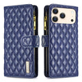 Diamond Lattice Zipper Wallet Leather Flip Phone Case, For iPhone 18 Pro/17 Pro, For iPhone 18 Pro Max/17 Pro Max, For iPhone 17, For iPhone 17 Air For iPhone 18 Pro 17 Pro Blue