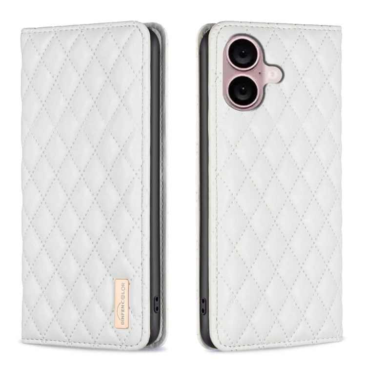Diamond Lattice Magnetic Leather Flip Phone Case – Wear-resistant, Magnetic, Flip, For iPhone 16 Pro Max, For iPhone 16 Pro, For iPhone 16 Plus, For iPhone 16 For iPhone 16 White