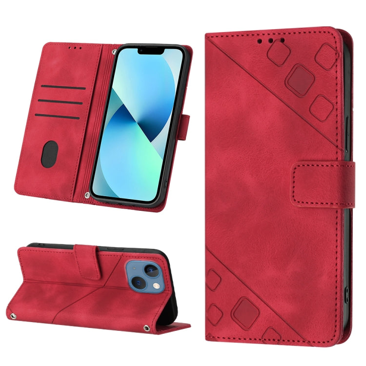 Skin-feel Embossed Leather Phone Case – Wear-resistant, Card Slot, Kickstand, For iPhone 15, For iPod Touch 7 / 6 / 5 For iPhone 15 Red