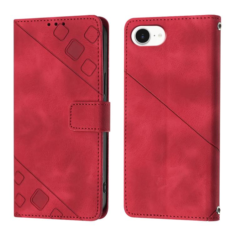 Skin-feel Embossed Leather Phone Case – Wear-resistant, Card Slot, Kickstand, For iPhone SE 2024, For iPhone 16 Pro Max, For iPhone 16 Pro, For iPhone 16 Plus For iPhone SE 2024 Red