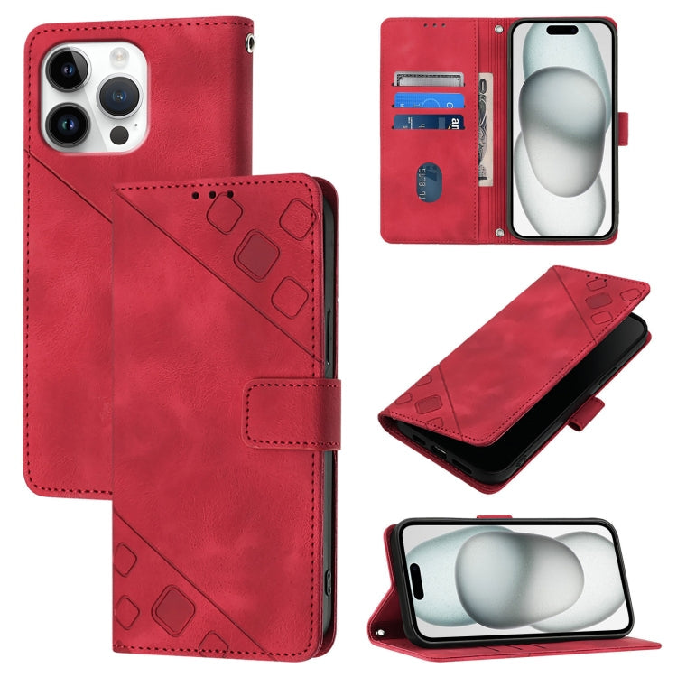 Skin-feel Embossed Leather Phone Case – Wear-resistant, Card Slot, Kickstand, For iPhone SE 2024, For iPhone 16 Pro Max, For iPhone 16 Pro, For iPhone 16 Plus For iPhone 16 Pro Max Red