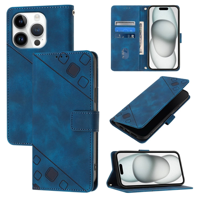 Skin-feel Embossed Leather Phone Case – Wear-resistant, Card Slot, Kickstand, For iPhone SE 2024, For iPhone 16 Pro Max, For iPhone 16 Pro, For iPhone 16 Plus For iPhone 16 Pro Blue