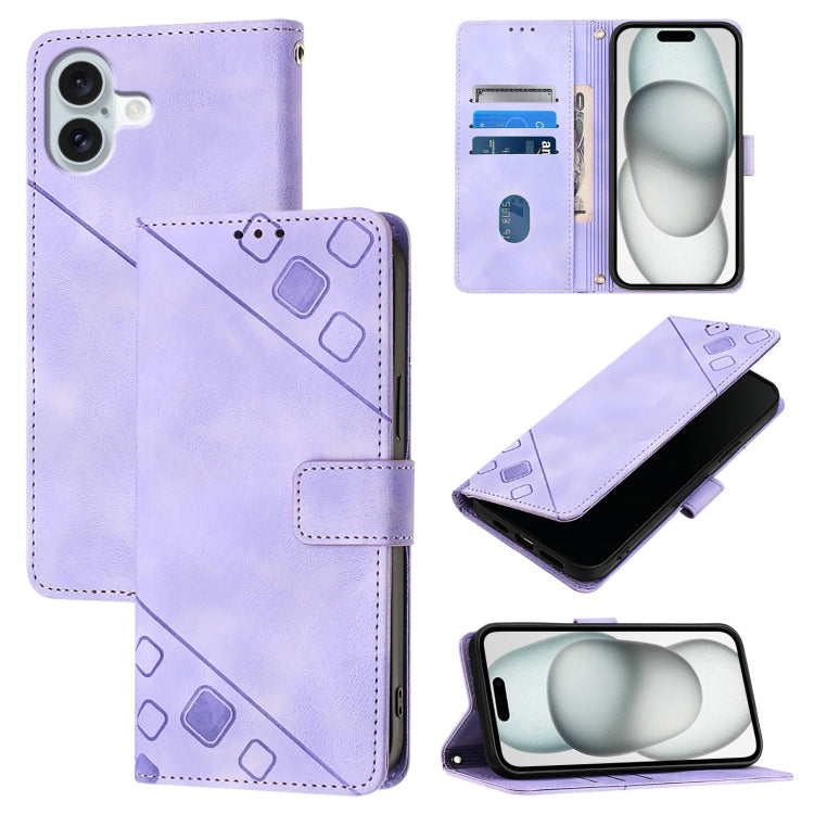 Skin-feel Embossed Leather Phone Case – Wear-resistant, Card Slot, Kickstand, For iPhone SE 2024, For iPhone 16 Pro Max, For iPhone 16 Pro, For iPhone 16 Plus For iPhone 16 Plus Light Purple
