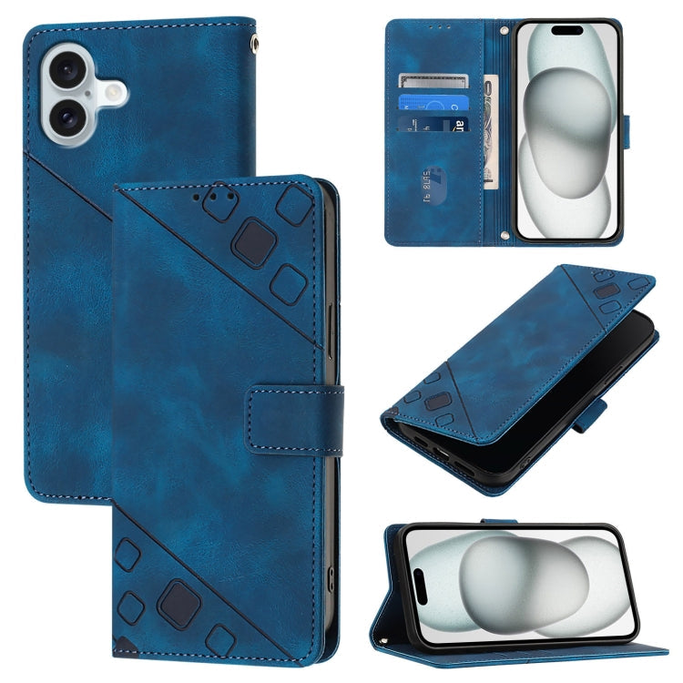 Skin-feel Embossed Leather Phone Case – Wear-resistant, Card Slot, Kickstand, For iPhone SE 2024, For iPhone 16 Pro Max, For iPhone 16 Pro, For iPhone 16 Plus For iPhone 16 Plus Blue