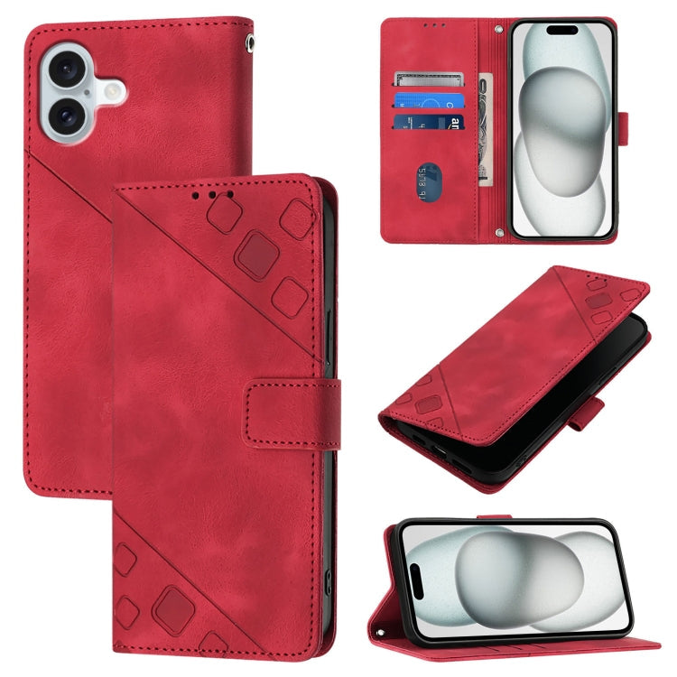 Skin-feel Embossed Leather Phone Case – Wear-resistant, Card Slot, Kickstand, For iPhone SE 2024, For iPhone 16 Pro Max, For iPhone 16 Pro, For iPhone 16 Plus For iPhone 16 Plus Red