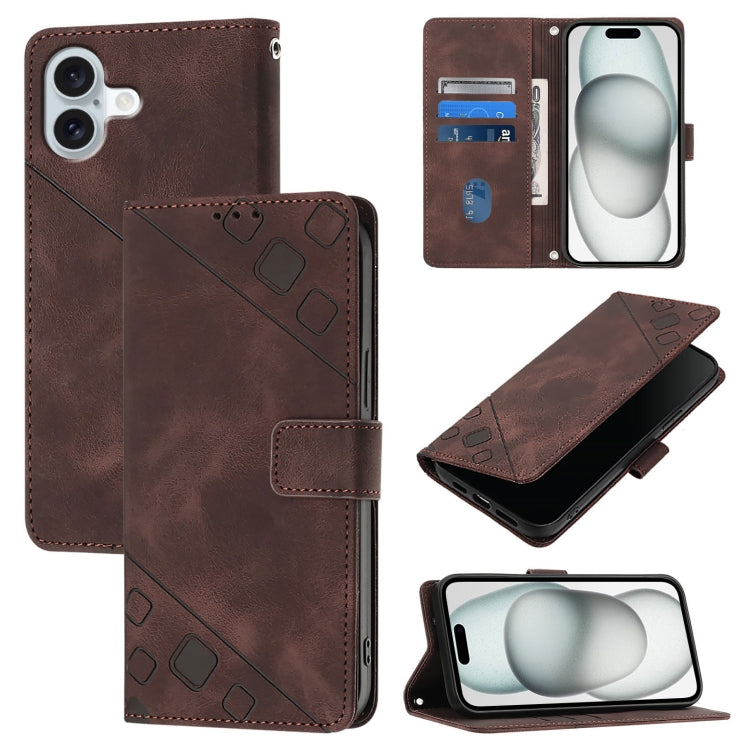 Skin-feel Embossed Leather Phone Case – Wear-resistant, Card Slot, Kickstand, For iPhone SE 2024, For iPhone 16 Pro Max, For iPhone 16 Pro, For iPhone 16 Plus For iPhone 16 Plus Brown