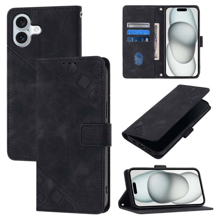 Skin-feel Embossed Leather Phone Case – Wear-resistant, Card Slot, Kickstand, For iPhone SE 2024, For iPhone 16 Pro Max, For iPhone 16 Pro, For iPhone 16 Plus For iPhone 16 Plus Black