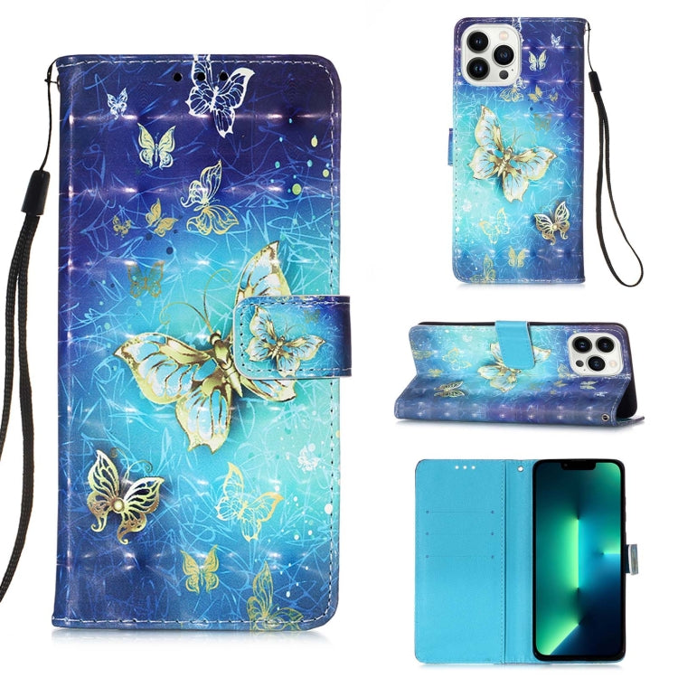 3D Painting Horizontal Flip Leather Phone Case, For iPhone 15 Pro Max, For iPhone 15 Pro, For iPhone 15 Plus For iPhone 15 Pro Max Golden Butterfly