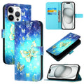 3D Painting Horizontal Flip Leather Phone Case, For iPhone 16 Pro, For iPhone 16 Plus, For iPhone 16 For iPhone 16 Pro Golden Butterfly