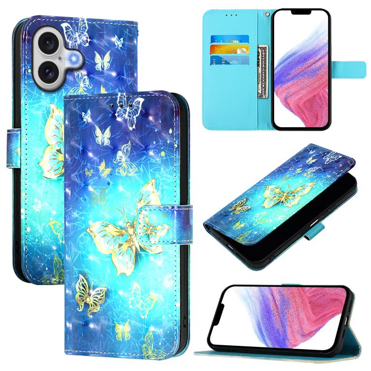 3D Painting Horizontal Flip Leather Phone Case, For iPhone 17, For iPhone Air, For iPhone 16 Pro Max For iPhone 17 Golden Butterfly