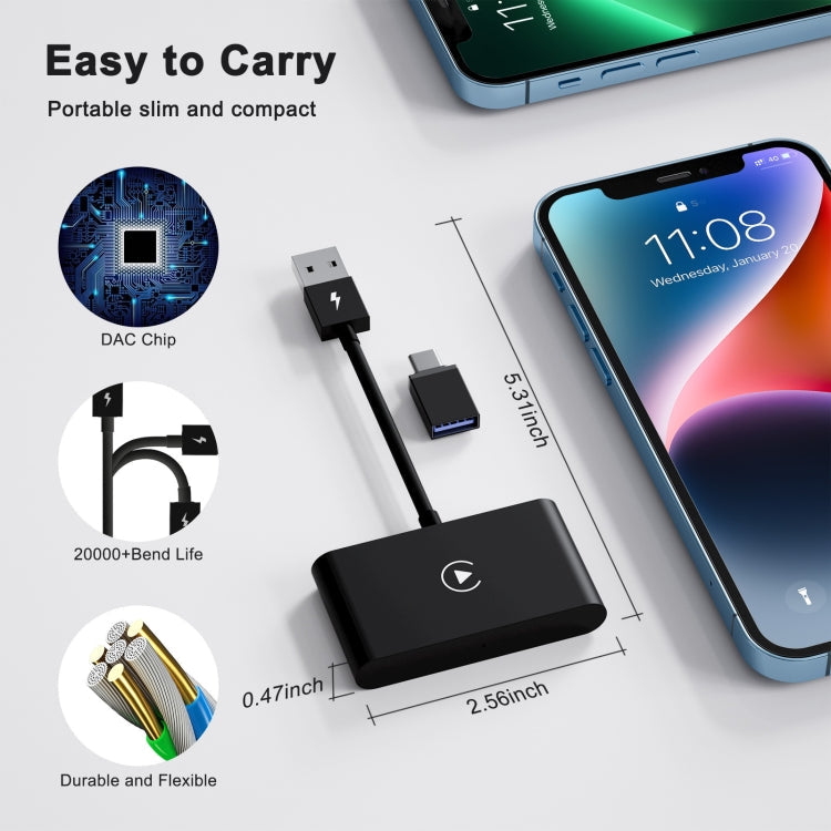 USB + USB-C / Type-C Wired to Wireless Carplay Adapter for iPhone, Black Rectangle – Durable Build, Easy to Use