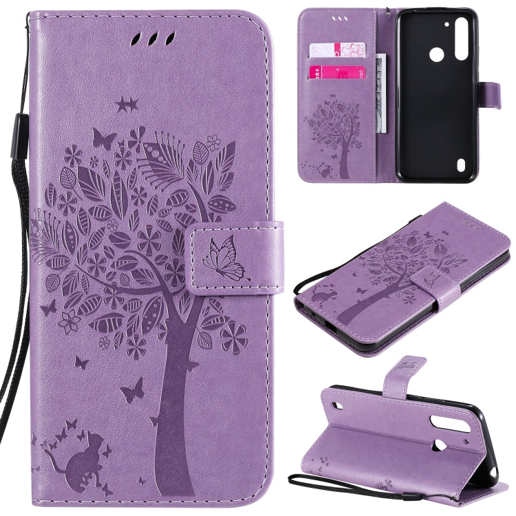 Tree & Cat Embossed Pattern Horizontal Flip Leather Case with Holder & Card Slots & Wallet & Lanyard – Lanyard, Card Slot, Flip, For Motorola Moto G Power, For Motorola Moto G8 Power Lite For Motorola Moto G8 Power Lite Light Purple