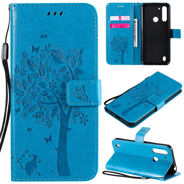 Tree & Cat Embossed Pattern Horizontal Flip Leather Case with Holder & Card Slots & Wallet & Lanyard – Lanyard, Card Slot, Flip, For Motorola Moto G Power, For Motorola Moto G8 Power Lite For Motorola Moto G8 Power Lite Blue