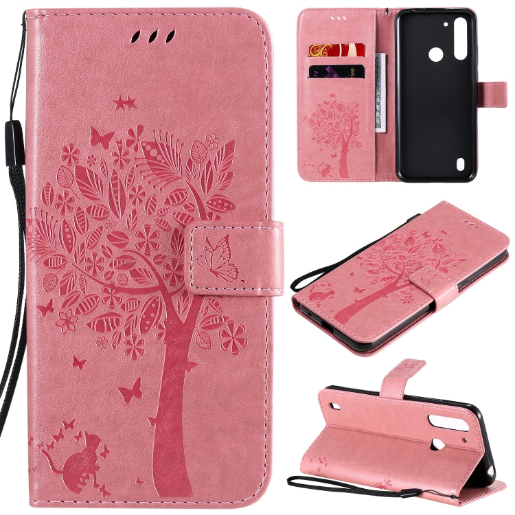 Tree & Cat Embossed Pattern Horizontal Flip Leather Case with Holder & Card Slots & Wallet & Lanyard – Lanyard, Card Slot, Flip, For Motorola Moto G Power, For Motorola Moto G8 Power Lite For Motorola Moto G8 Power Lite Pink
