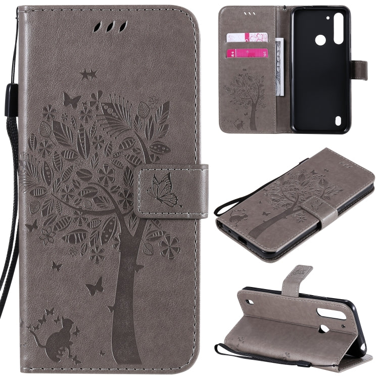 Tree & Cat Embossed Pattern Horizontal Flip Leather Case with Holder & Card Slots & Wallet & Lanyard – Lanyard, Card Slot, Flip, For Motorola Moto G Power, For Motorola Moto G8 Power Lite For Motorola Moto G8 Power Lite Grey