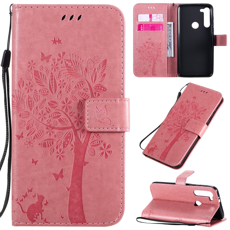 Tree & Cat Embossed Pattern Horizontal Flip Leather Case with Holder & Card Slots & Wallet & Lanyard – Lanyard, Card Slot, Flip, For Motorola Moto G8 Power, For OPPO Realme 6 For Motorola Moto G8 Power Pink