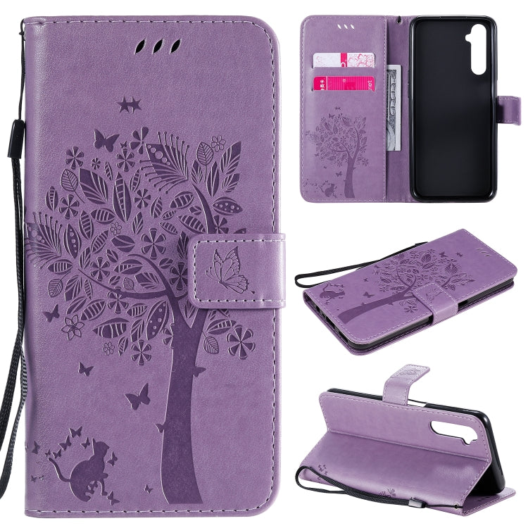Tree & Cat Embossed Pattern Horizontal Flip Leather Case with Holder & Card Slots & Wallet & Lanyard – Lanyard, Card Slot, Flip, For Motorola Moto G8 Power, For OPPO Realme 6 For OPPO Realme 6 Light Purple