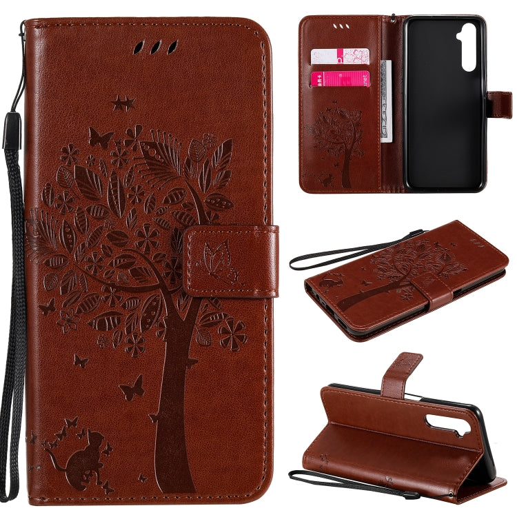 Tree & Cat Embossed Pattern Horizontal Flip Leather Case with Holder & Card Slots & Wallet & Lanyard – Lanyard, Card Slot, Flip, For Motorola Moto G8 Power, For OPPO Realme 6 For OPPO Realme 6 Coffee