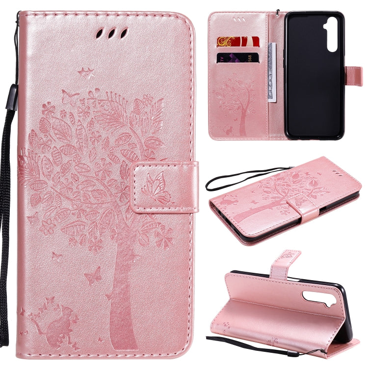 Tree & Cat Embossed Pattern Horizontal Flip Leather Case with Holder & Card Slots & Wallet & Lanyard – Lanyard, Card Slot, Flip, For Motorola Moto G8 Power, For OPPO Realme 6 For OPPO Realme 6 Rose Gold