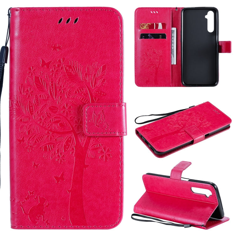 Tree & Cat Embossed Pattern Horizontal Flip Leather Case with Holder & Card Slots & Wallet & Lanyard – Lanyard, Card Slot, Flip, For Motorola Moto G8 Power, For OPPO Realme 6 For OPPO Realme 6 Rose Red