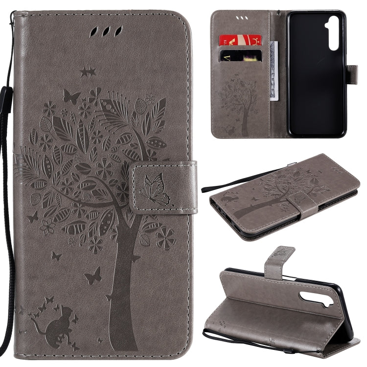 Tree & Cat Embossed Pattern Horizontal Flip Leather Case with Holder & Card Slots & Wallet & Lanyard – Lanyard, Card Slot, Flip, For Motorola Moto G8 Power, For OPPO Realme 6 For OPPO Realme 6 Grey