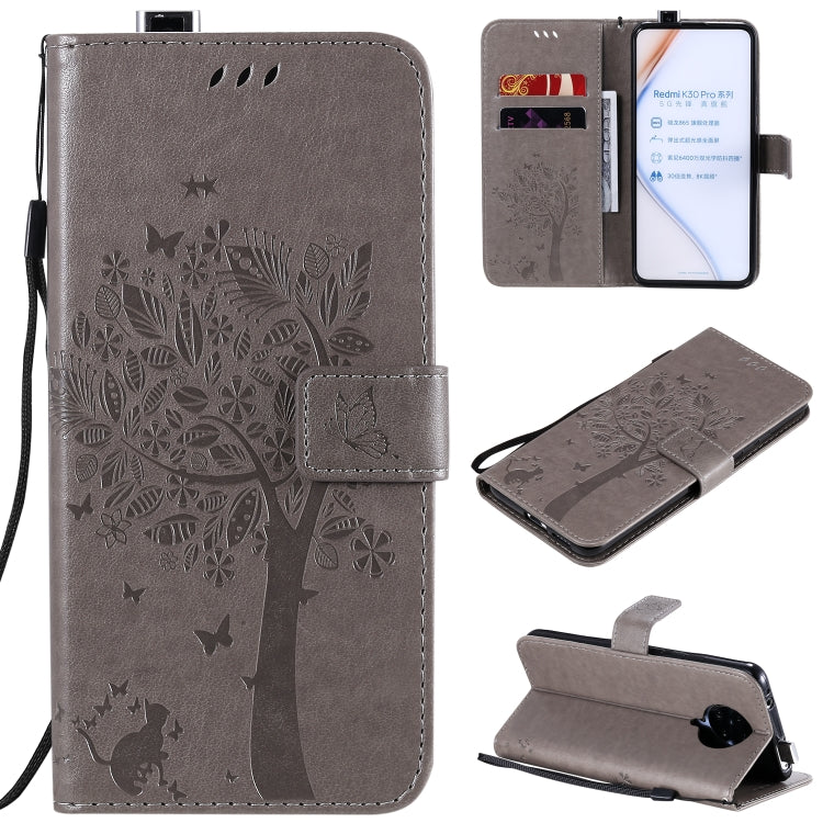 Tree & Cat Embossed Pattern Horizontal Flip Leather Case with Holder & Card Slots & Wallet & Lanyard – Lanyard, Card Slot, Flip, For Xiaomi Redmi K30 Pro, For Huawei Nova 7 Pro For Xiaomi Redmi K30 Pro Grey