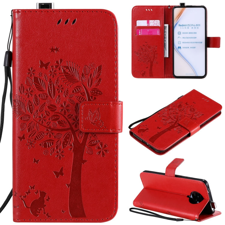 Tree & Cat Embossed Pattern Horizontal Flip Leather Case with Holder & Card Slots & Wallet & Lanyard – Lanyard, Card Slot, Flip, For Xiaomi Redmi K30 Pro, For Huawei Nova 7 Pro For Xiaomi Redmi K30 Pro Red