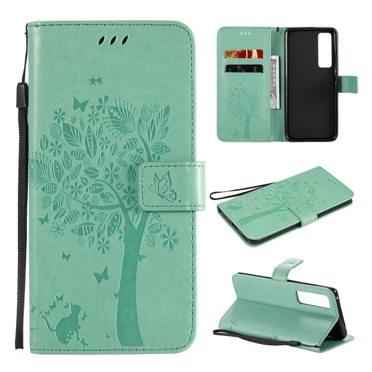 Tree & Cat Embossed Pattern Horizontal Flip Leather Case with Holder & Card Slots & Wallet & Lanyard – Lanyard, Card Slot, Flip, For Xiaomi Redmi K30 Pro, For Huawei Nova 7 Pro For Huawei Nova 7 Pro Green