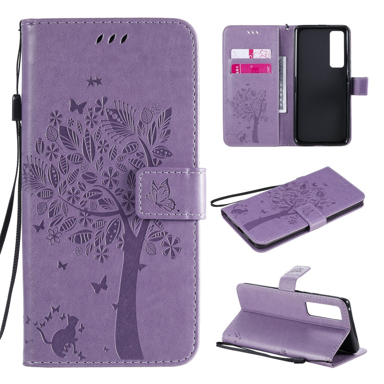 Tree & Cat Embossed Pattern Horizontal Flip Leather Case with Holder & Card Slots & Wallet & Lanyard – Lanyard, Card Slot, Flip, For Xiaomi Redmi K30 Pro, For Huawei Nova 7 Pro For Huawei Nova 7 Pro Light Purple