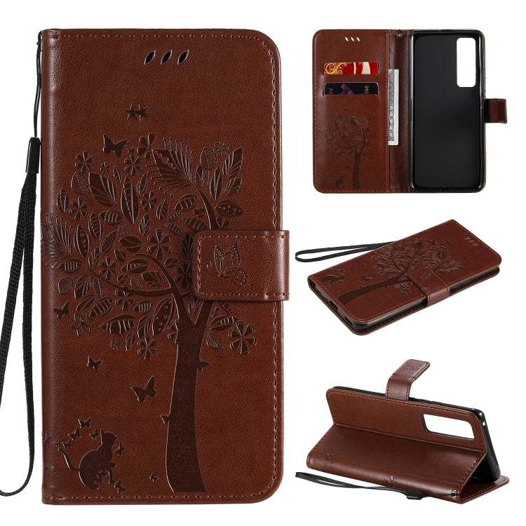 Tree & Cat Embossed Pattern Horizontal Flip Leather Case with Holder & Card Slots & Wallet & Lanyard – Lanyard, Card Slot, Flip, For Xiaomi Redmi K30 Pro, For Huawei Nova 7 Pro For Huawei Nova 7 Pro Coffee