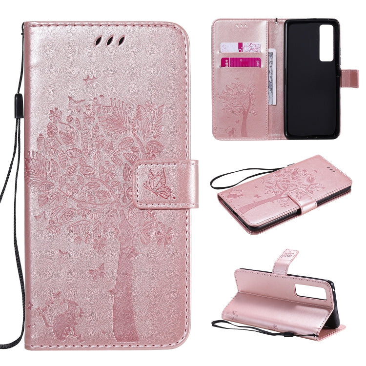 Tree & Cat Embossed Pattern Horizontal Flip Leather Case with Holder & Card Slots & Wallet & Lanyard – Lanyard, Card Slot, Flip, For Xiaomi Redmi K30 Pro, For Huawei Nova 7 Pro For Huawei Nova 7 Pro Rose Gold